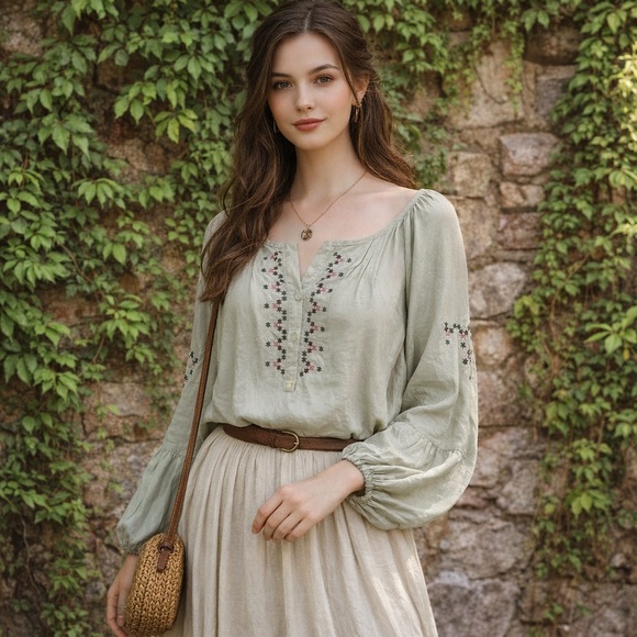 Grace + Karma Tops - GRACE + KARMA Sage Green Embroidered Blouse, L